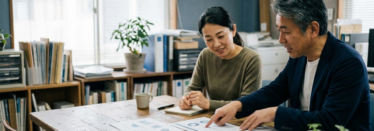 机に資料を広げて打ち合わせをしている様子