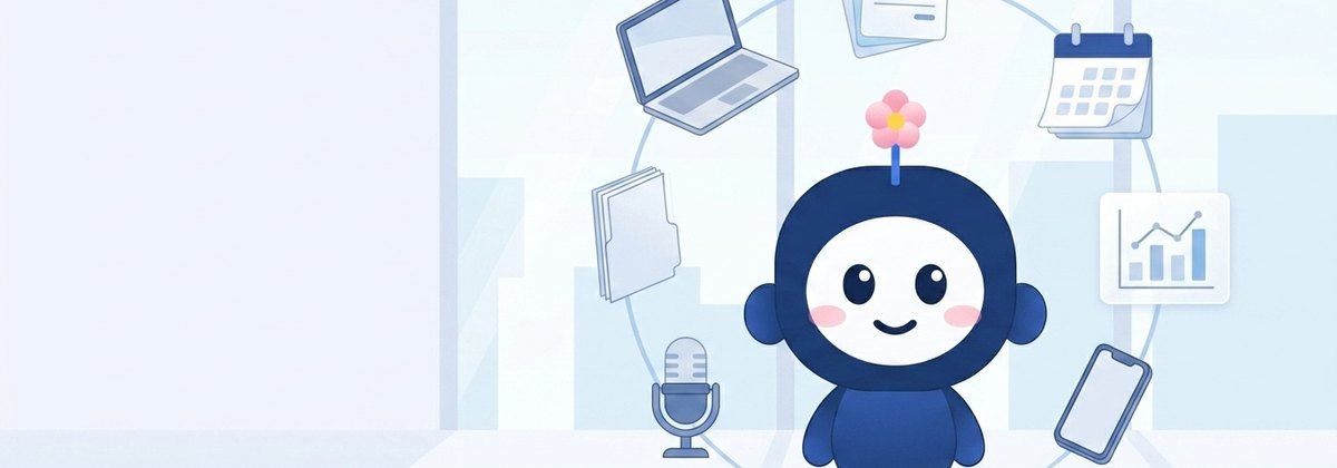 仕事の道具に囲まれた、UMEO CREATE のキャラクター「ウメ」