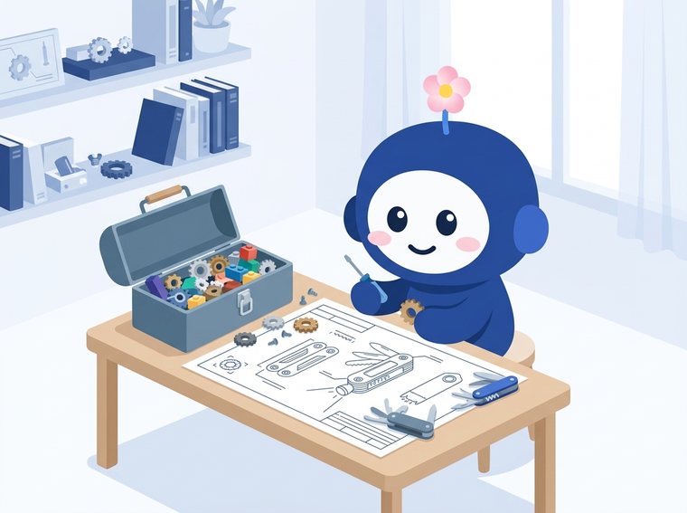 工具箱をあけて小さな道具を組み立てるウメ
