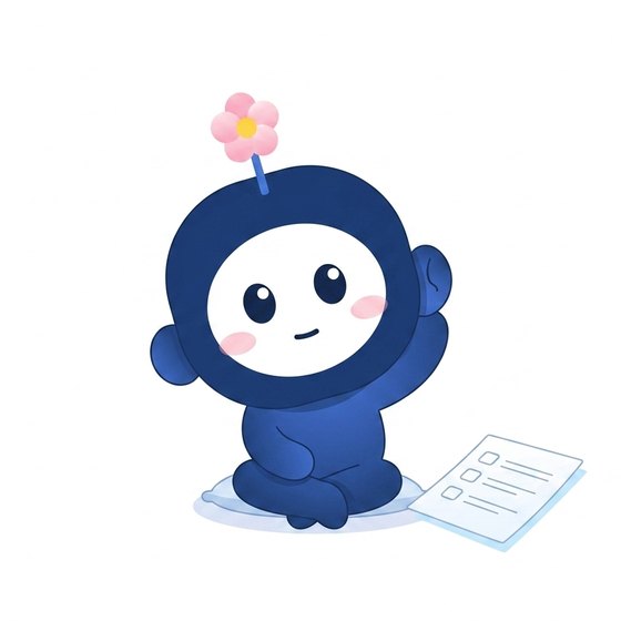 首をかたむけて話を聞くキャラクターのウメ