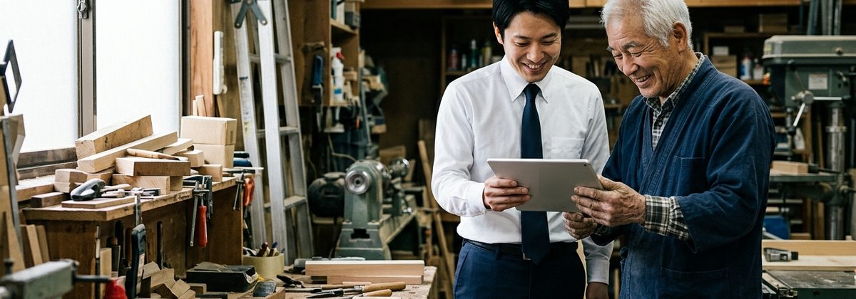 町工場の作業台でタブレットを見ながら話す職人と担当者