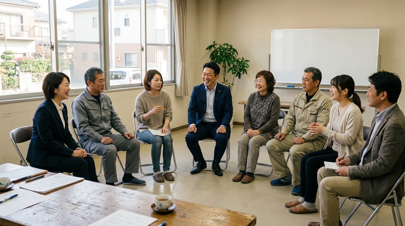 群馬県内の会議室で、8名ほどが円になって意見交換をしている様子
