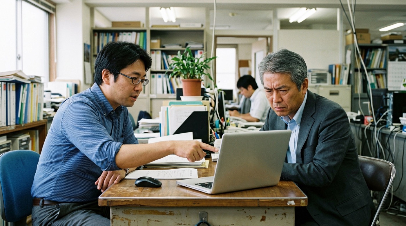 ノートパソコンの画面を指さしながら、二人の男性が真剣な表情で話し合っている横からの構図