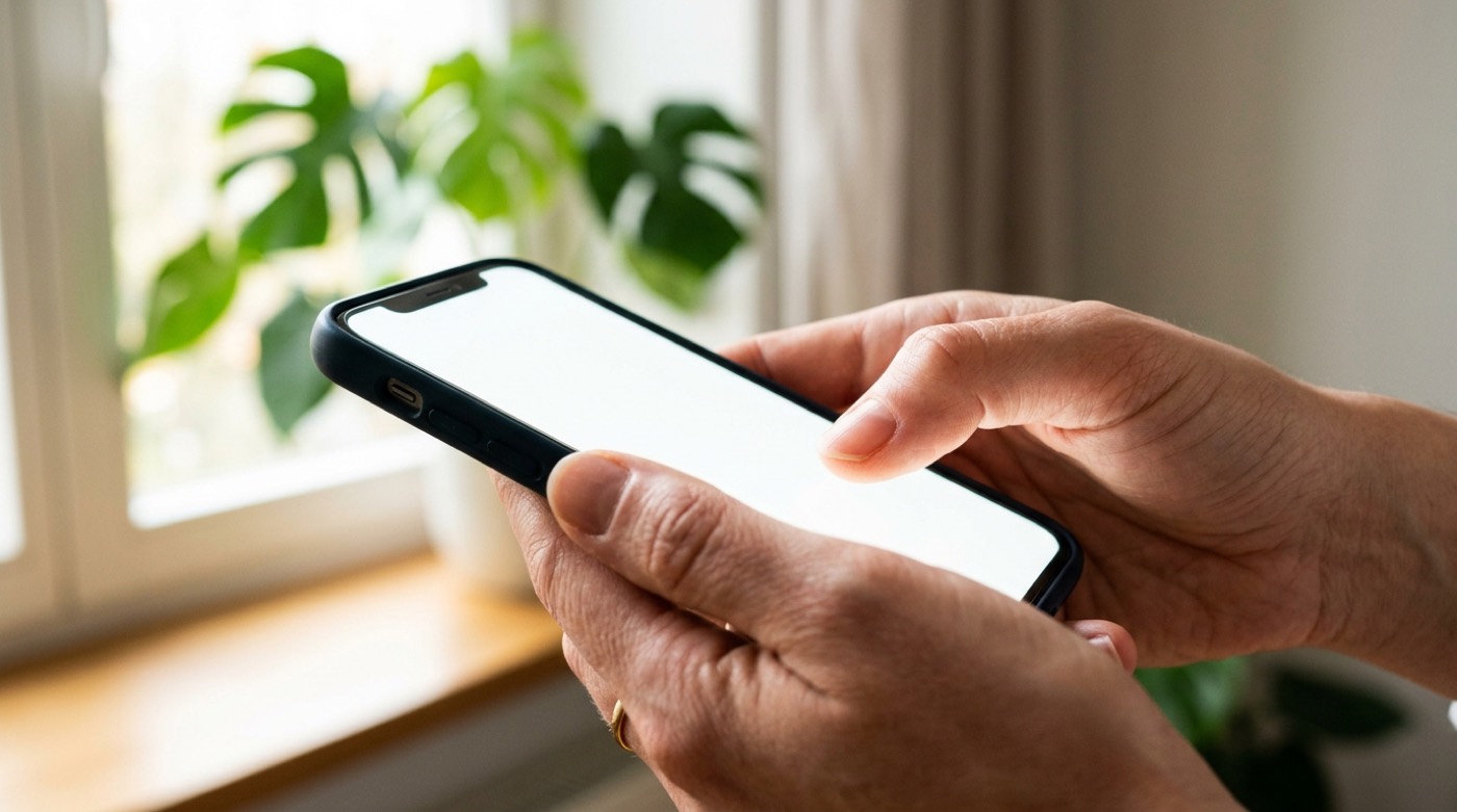 スマートフォンの設定画面を確認している手元のクローズアップ、窓際の自然光
