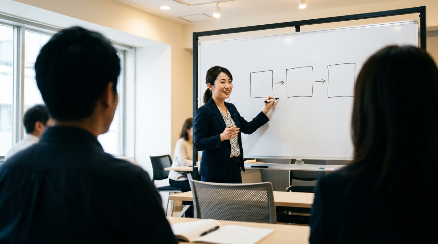ホワイトボードに3つの枠を書いて説明している女性と、頷いている二人の参加者