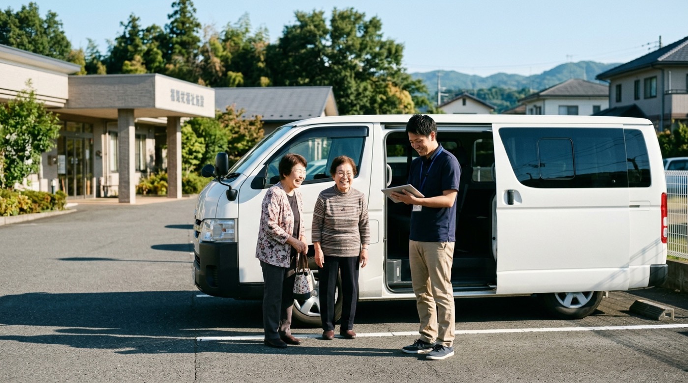 福祉施設の駐車場で、職員が送迎車の横でタブレットを使って点呼をしている様子