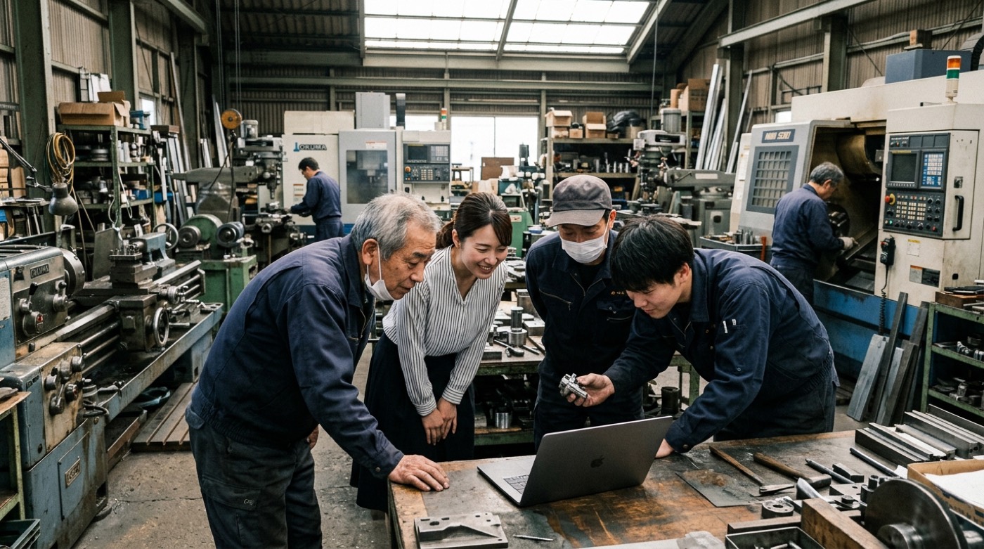 町工場の作業スペースで、職人と事務の方がノートパソコンを囲んでのぞき込んでいる様子