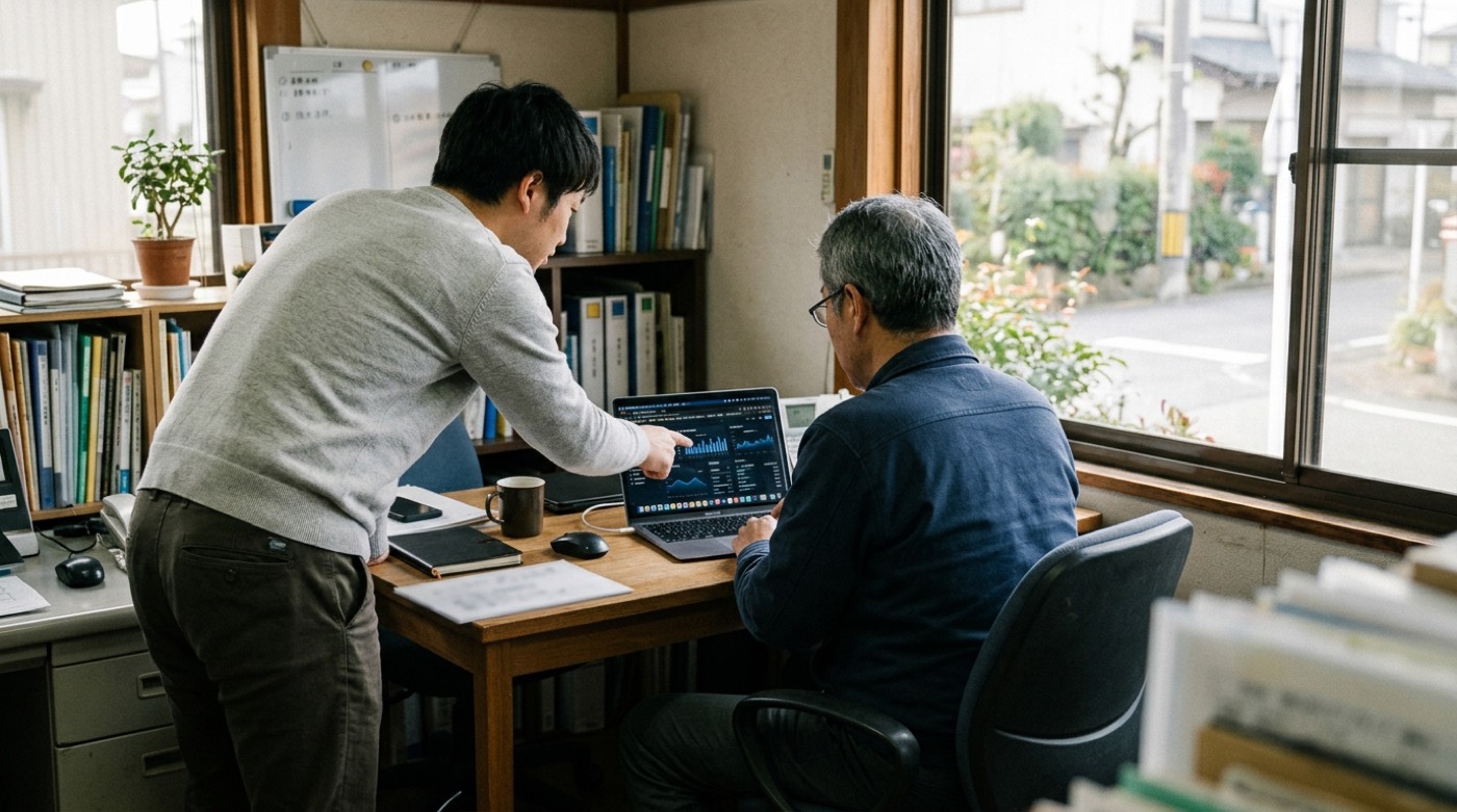 群馬県内の小さな事務所で、ノートパソコンの画面を指差しながら二人で操作を確認している様子