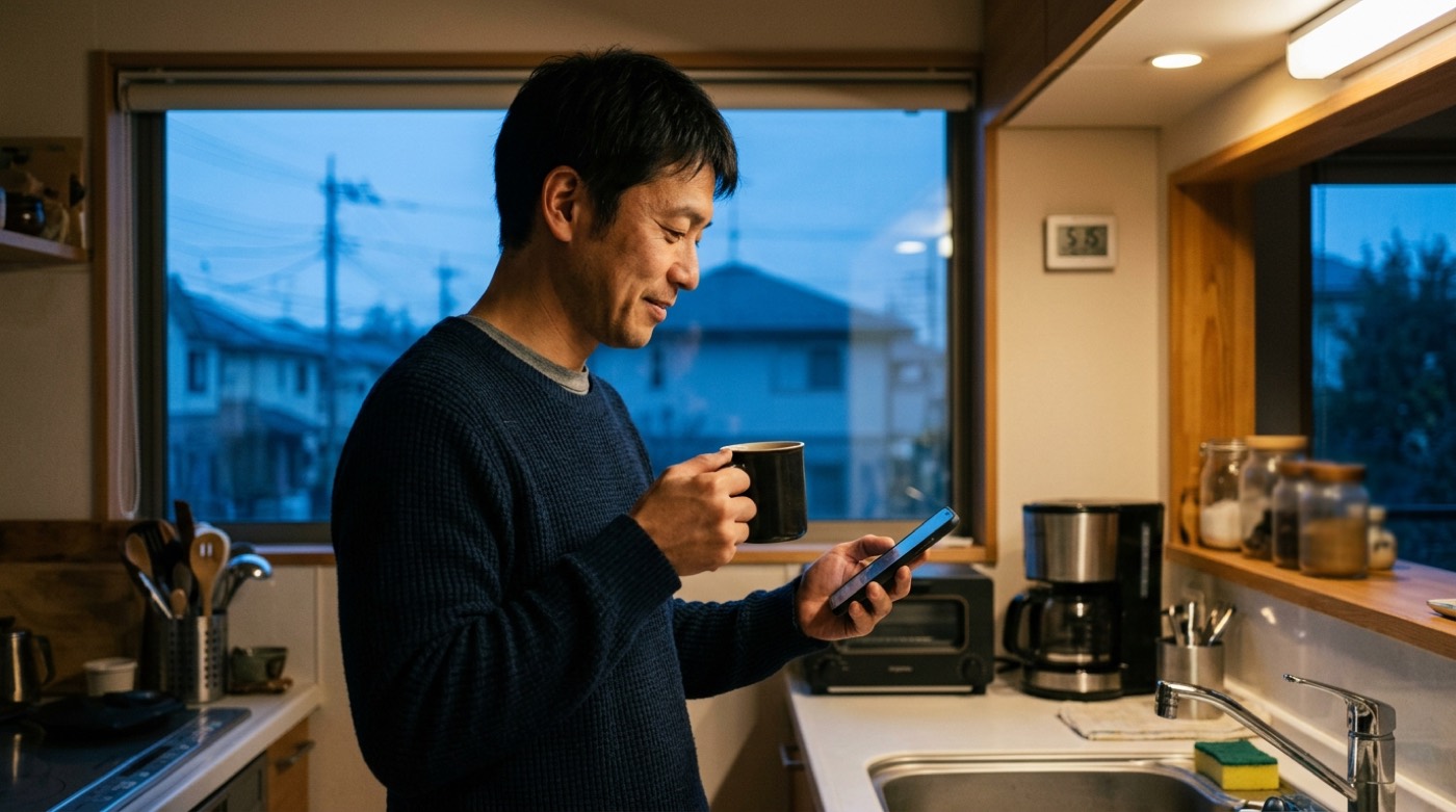 早朝のキッチンで、コーヒーを片手にスマートフォンの通知を確認している男性の横顔