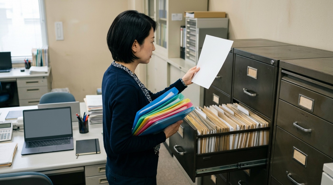 事務所のキャビネット前で、事務担当者がクリアファイルの束を抱えて書類を1枚ずつ確認している様子