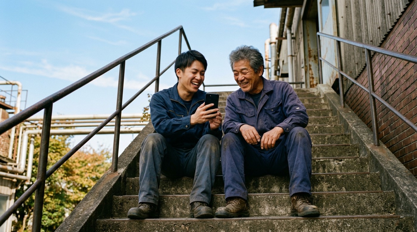 工場の外階段に腰かけた作業着の社員2人が、昼休みにスマートフォンを見ながら笑って話している様子