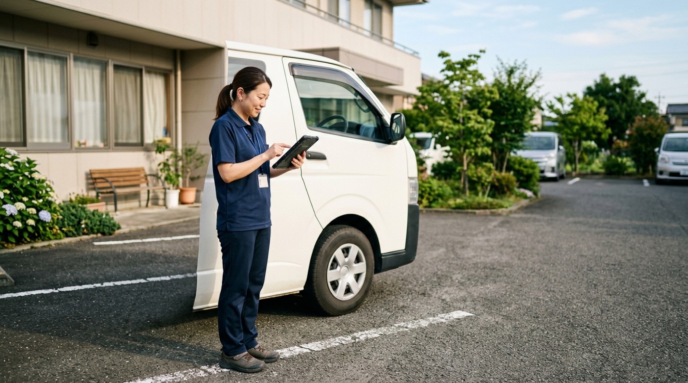 福祉事業所の駐車場で、送迎車の横に立った職員がタブレットで点呼を記録している様子