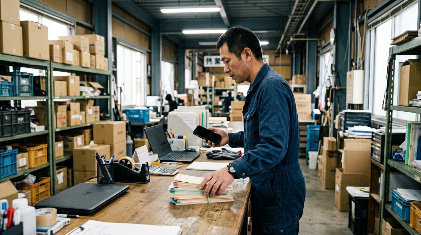倉庫兼事務所のカウンターで、スマートフォンを手にした男性が紙のタイムカードの束を片付けている様子