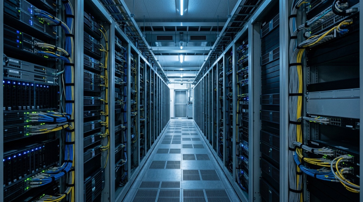 データセンターのサーバーラックが奥まで並ぶ通路