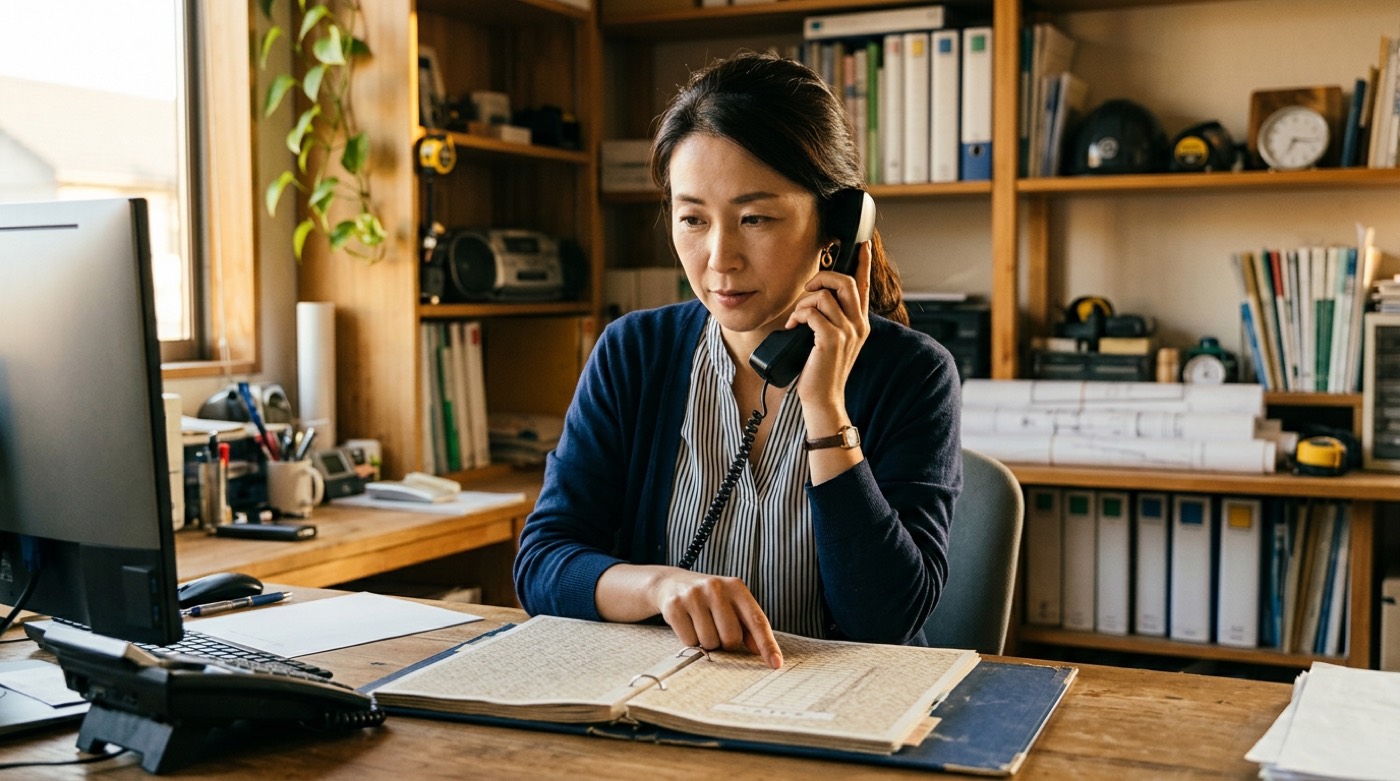 工務店の事務所で、電話を耳に当てながら手順書のページを指でたどっている女性経営者