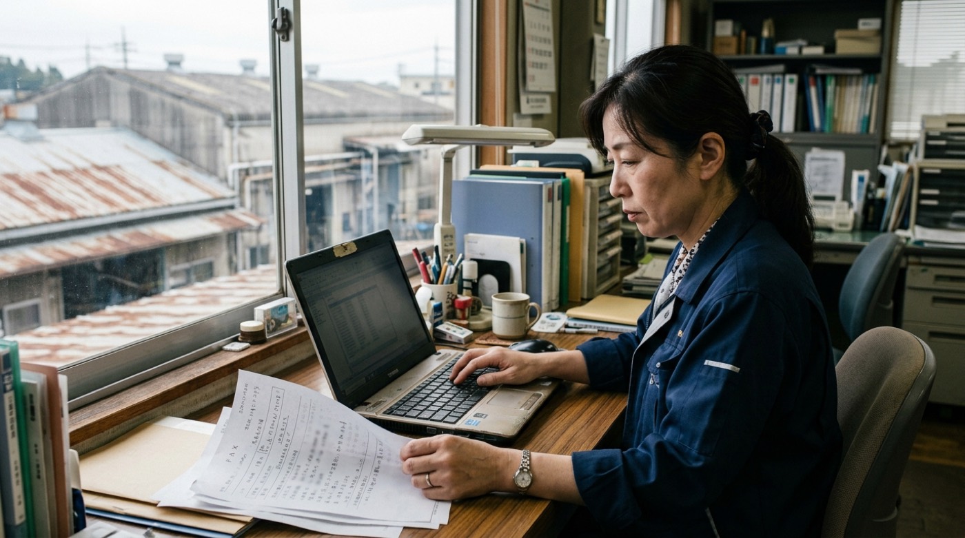 FAXで届いた注文書を見ながら、ノートパソコンに打ち直している事務担当者