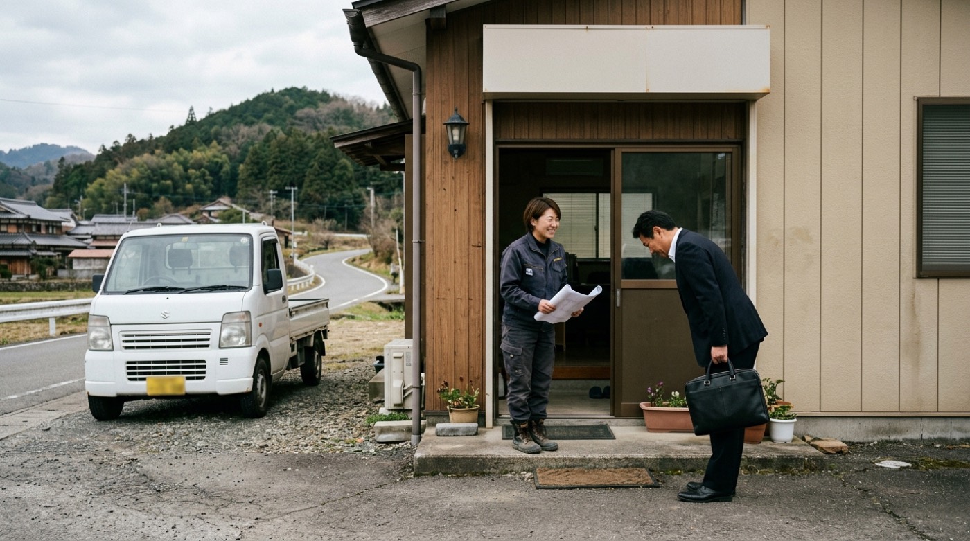 地方の工務店の事務所前で、帰り際に会釈を交わす経営者とコンサルタント
