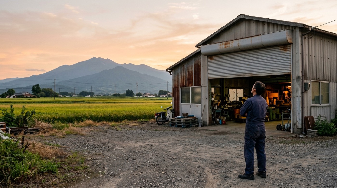 群馬の郊外、夕暮れの町工場の前で建物を見上げる社長の後ろ姿