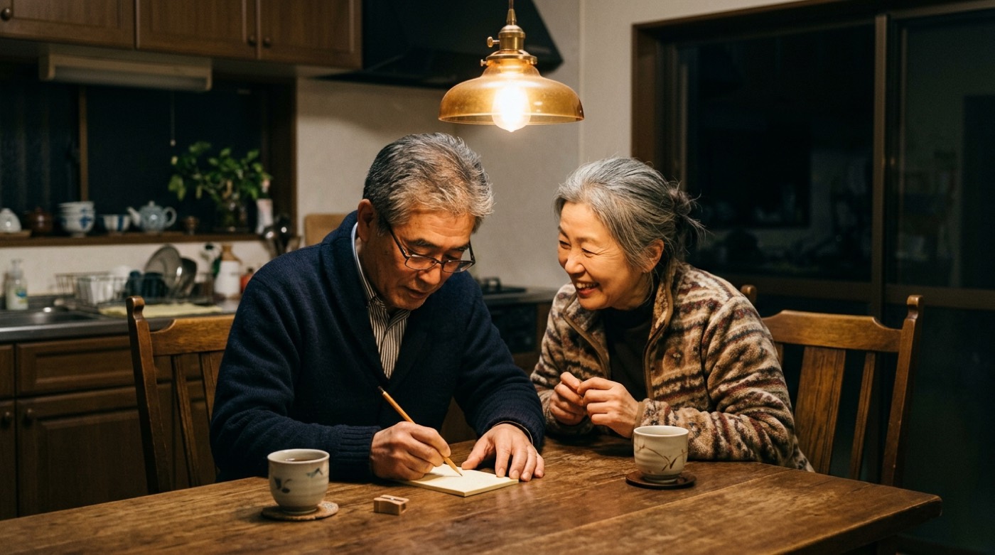 夜のダイニングテーブルで、夫婦がメモ用紙に困りごとを書き出している様子