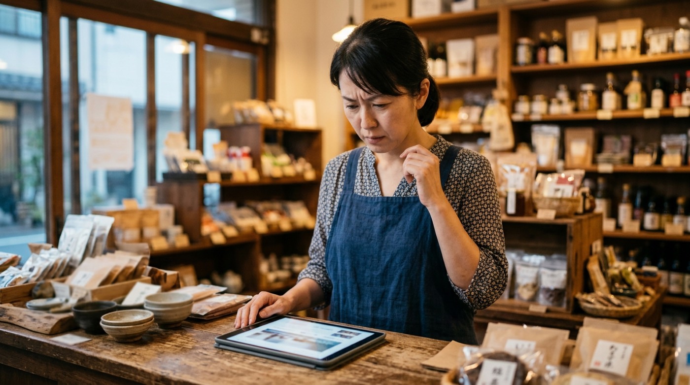 公開したまま更新が止まっているホームページを店舗のカウンターで確認している場面