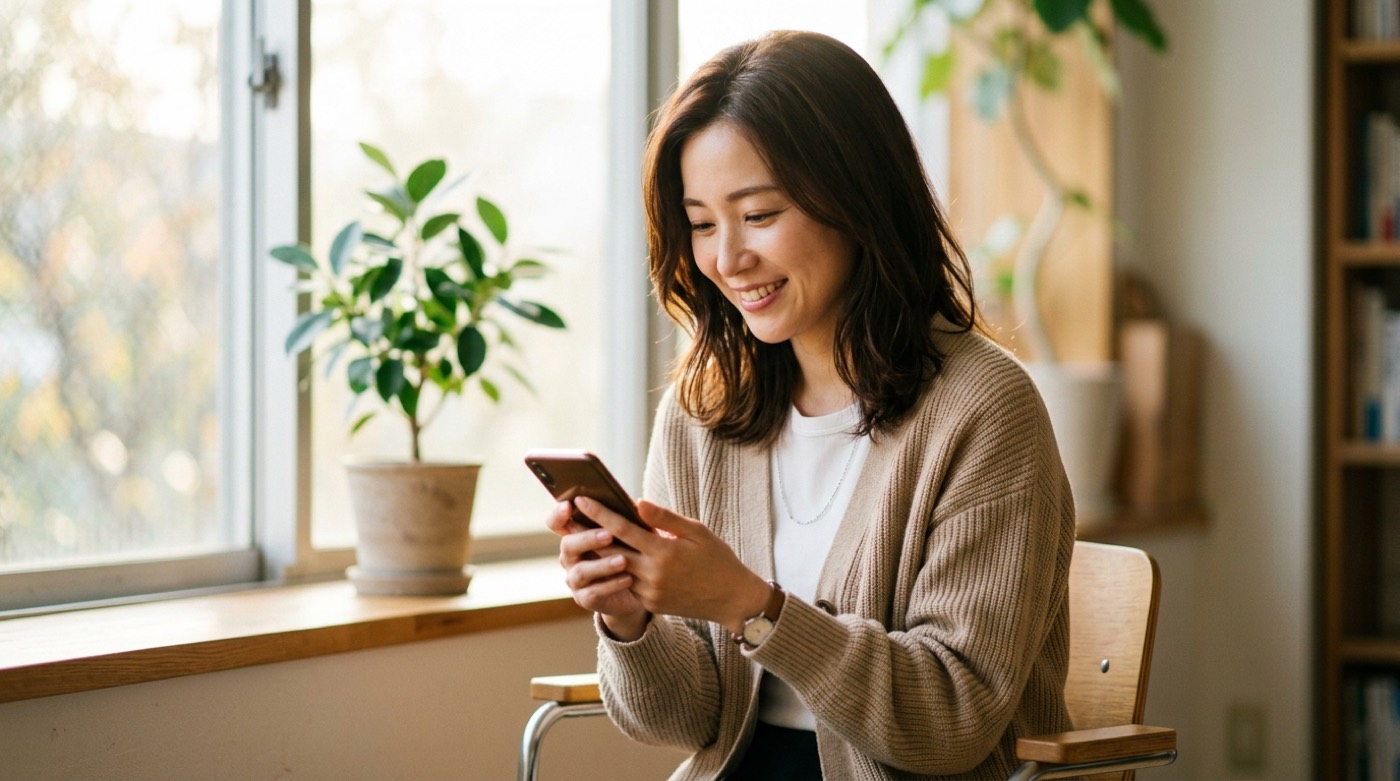 小さな事務所でスタッフがスマートフォンから自社サイトの更新を確認している場面