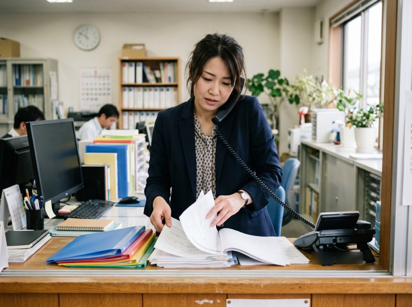 事務所の受付で電話の受話器を肩に挟みながら、書類の束をめくって探し物をしている女性スタッフ