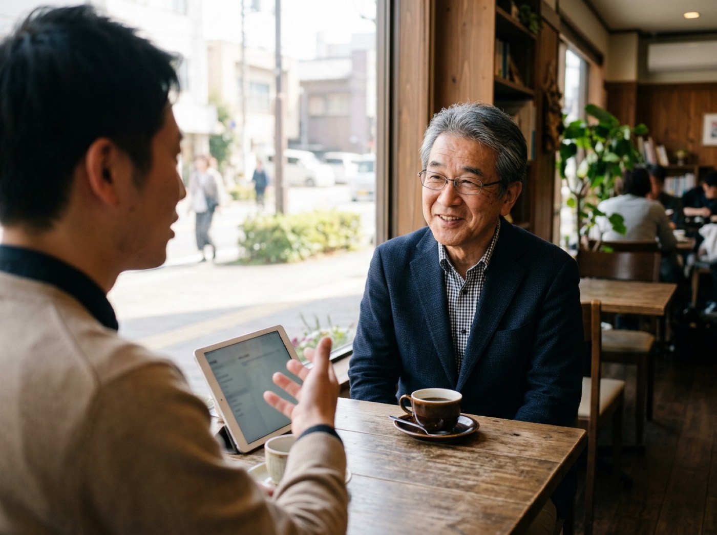 カフェの窓際の席で、タブレットを挟んで向かい合い、経営者がうなずきながら話を聞いている打ち合わせ