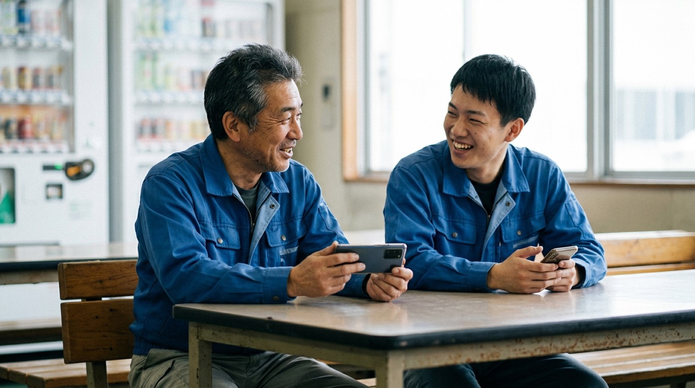 工場の休憩所のテーブルで、作業着の二人がスマートフォンを手にくつろいで話している様子