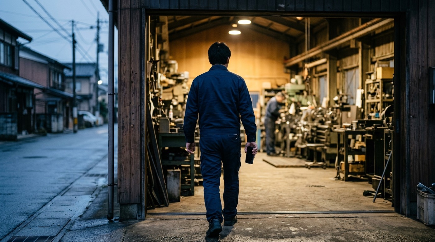 朝の工場の通用口へ、作業着の男性がスマートフォンを片手に歩いていく後ろ姿