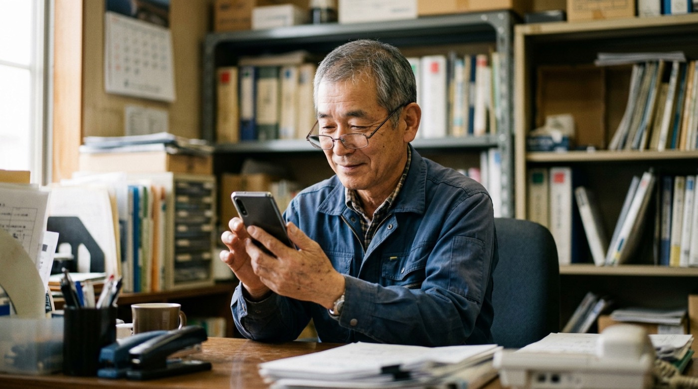 事務所の机で、年配の男性がスマートフォンの画面を確かめながら穏やかにうなずいている様子