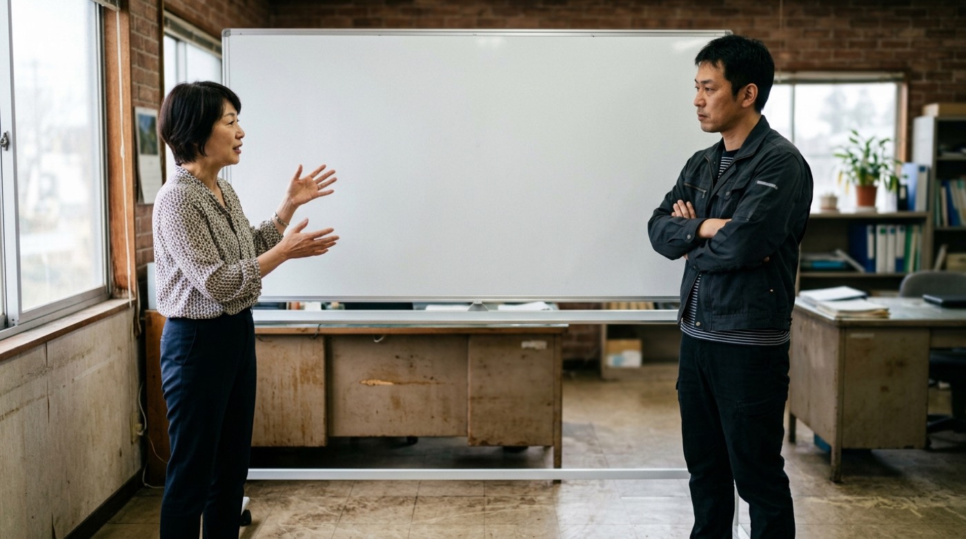 小さな町工場の事務所で、二人がホワイトボードの前に立って話し合っている様子