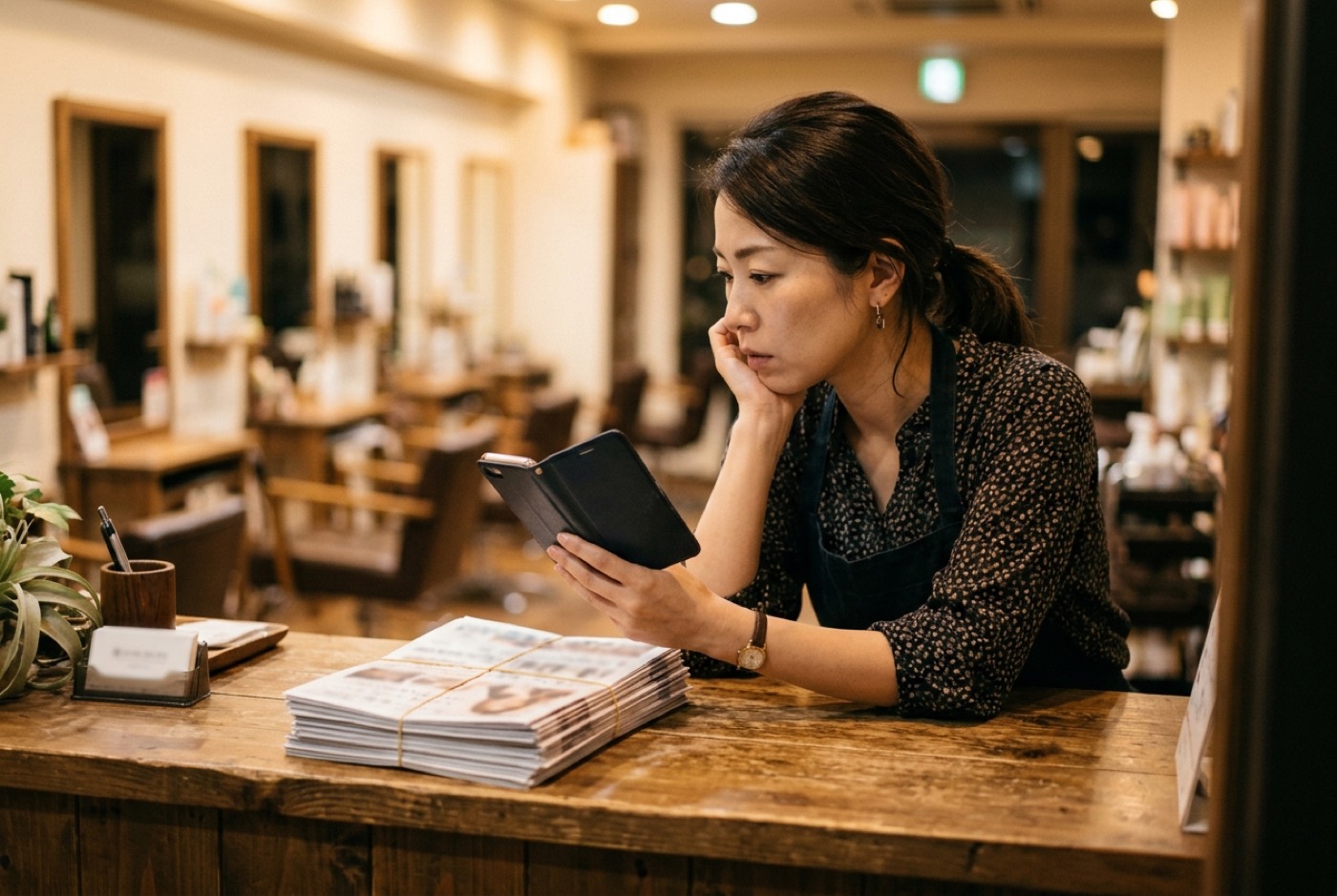 閉店後の美容室の受付で、チラシの束を横に置いたままスマートフォンを見て考え込むオーナー