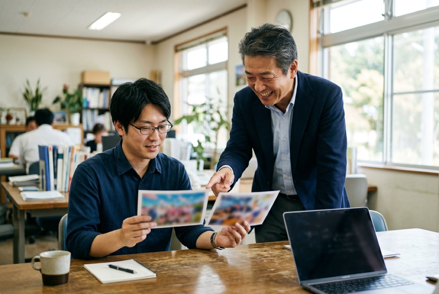 打ち合わせスペースで、印刷した写真2枚を持ち比べながら、どちらを使うか笑顔で話し合う2人