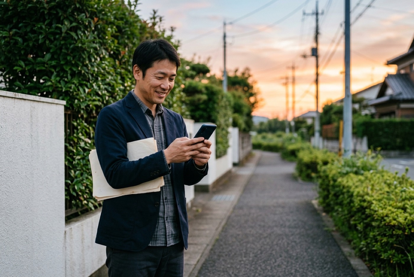 夕方の住宅街の歩道で、配り終えたチラシの残りを抱えながらスマートフォンを見て微笑む男性