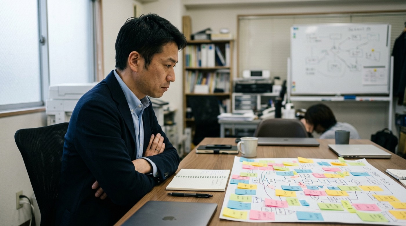 打ち合わせ机の上で、付箋を貼った業務フロー図を前に腕組みをして考え込む40代の男性経営者