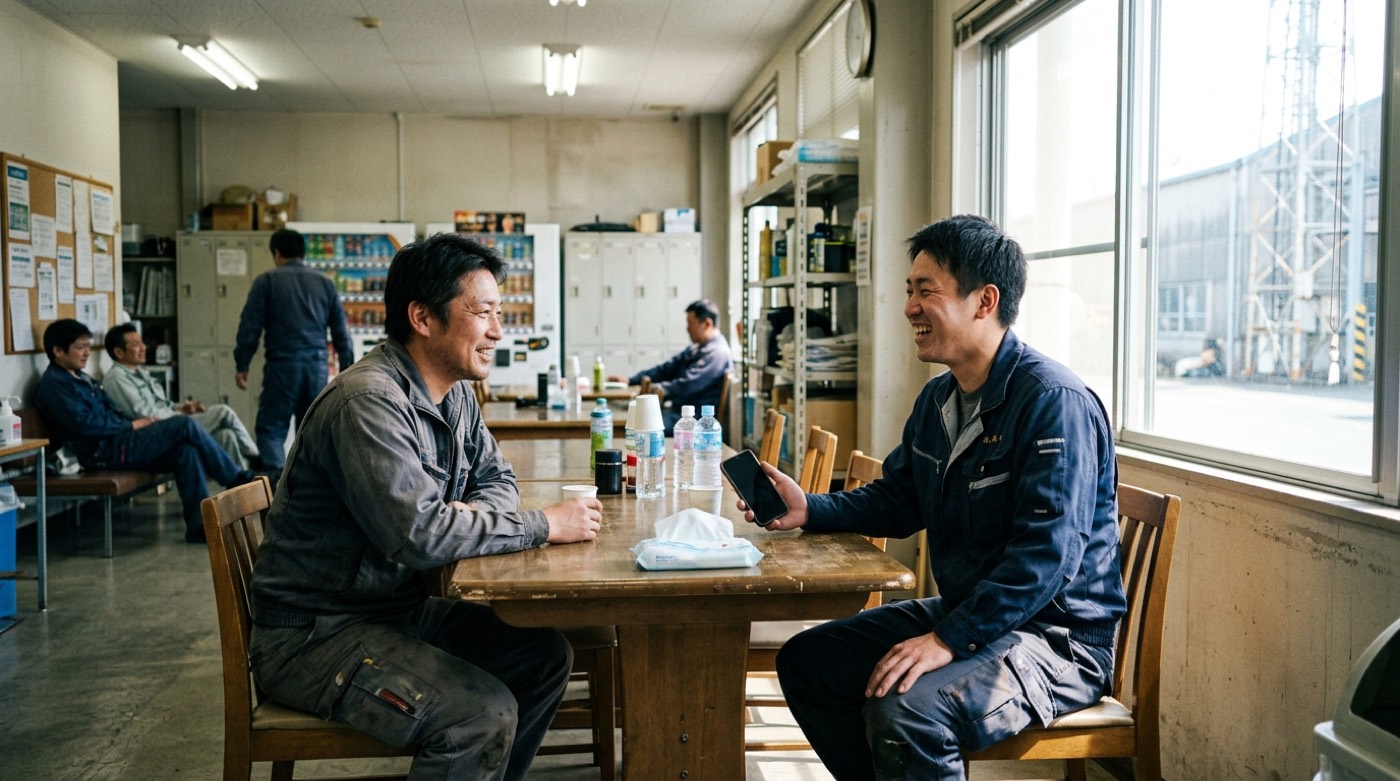 休憩スペースで、作業着姿の男性がスマートフォンを片手に同僚と打刻のやり方を話している様子