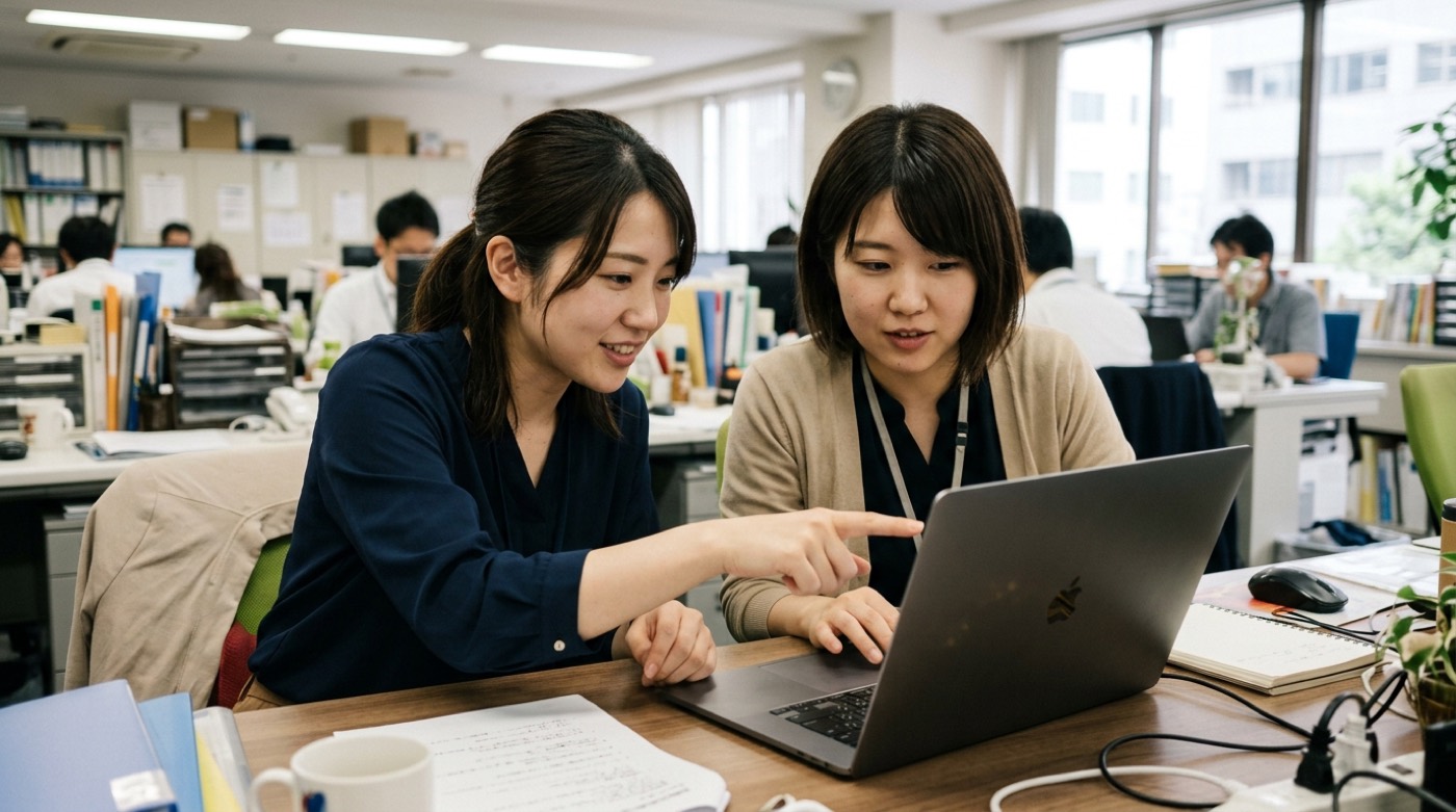 事務所で2人の女性スタッフが1台のノートパソコンの画面を指さしながら確認している様子