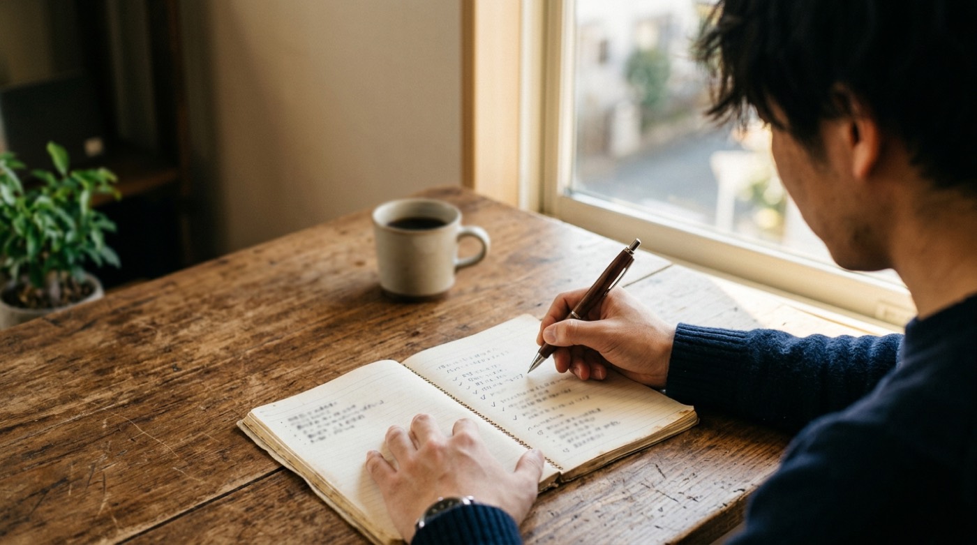 窓際の机で、ノートに手書きで業務の優先順位を書き出している男性の手元