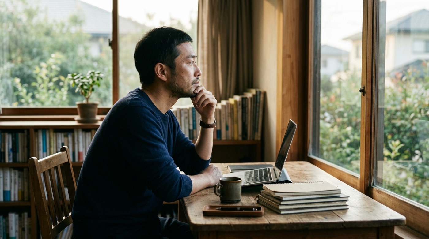 朝の自宅の書斎で、窓際の机に向かいノートパソコンで考えごとをする男性の横顔