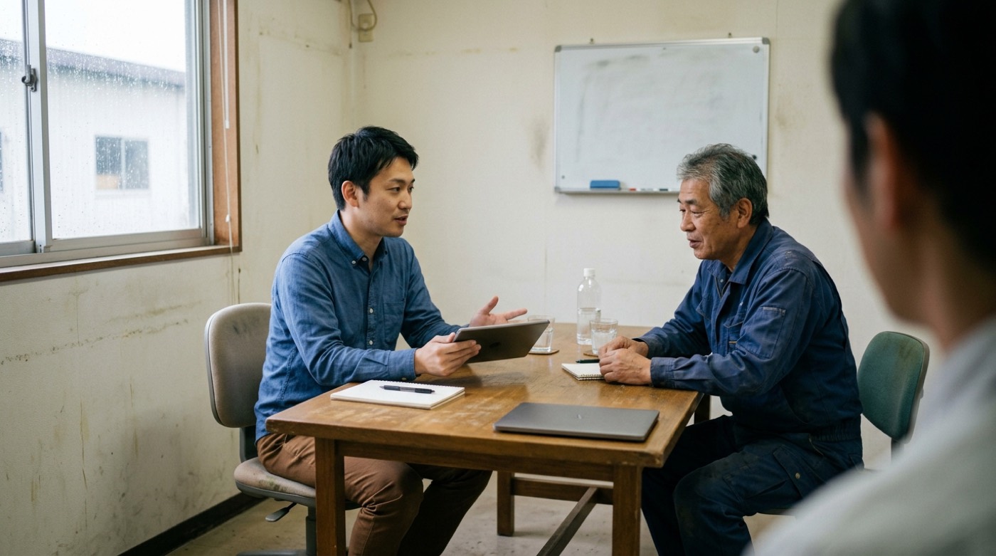 小さな会議室で、男性がタブレットの画面を見ながら向かいの相手に説明している様子