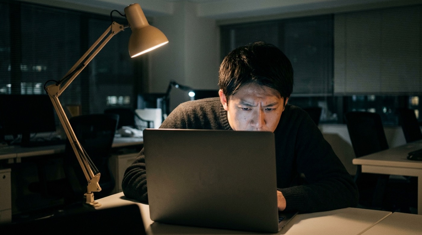 夜のオフィスで、ノートパソコンの画面に顔を近づけて眉をひそめる男性