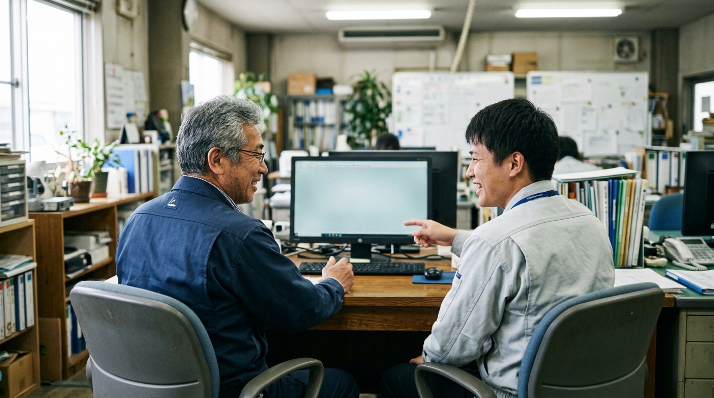 工場の事務所で、年配の男性と若い社員がパソコンの画面を一緒に見ながら話している様子