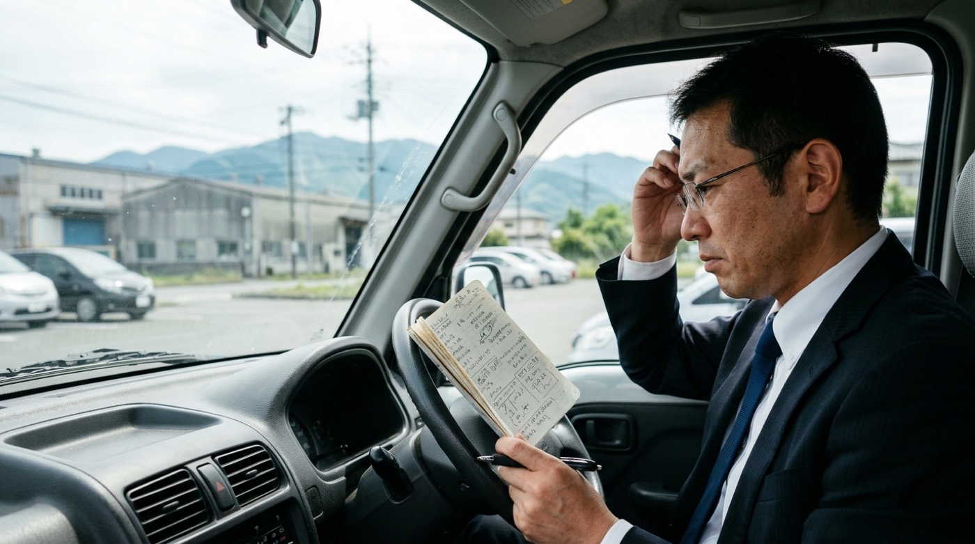 取引先の駐車場に停めた車の中で、打ち合わせのメモを見返す営業担当