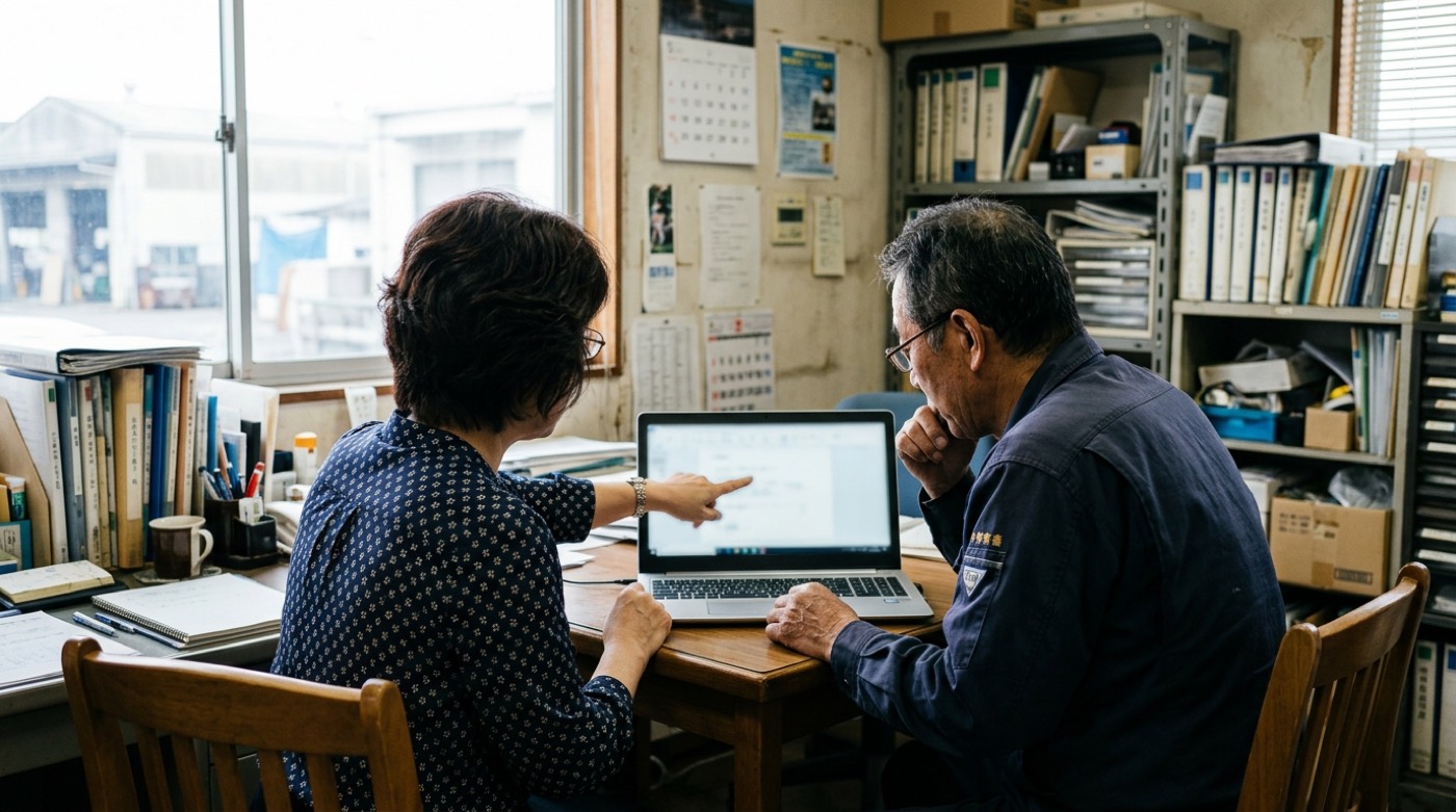 事務所でノートパソコンの下書きを一緒に確認する事務担当と社長