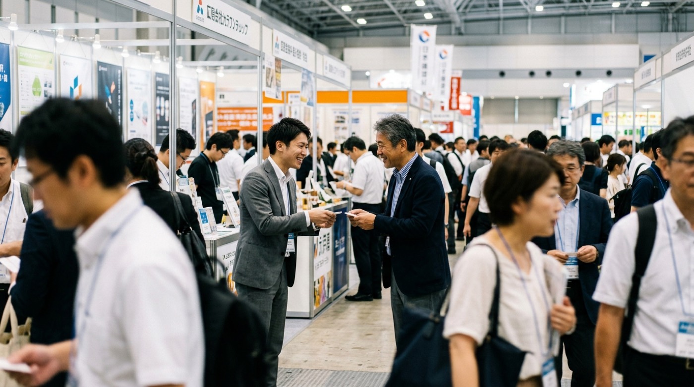 展示会の通路で名刺を交換する2人