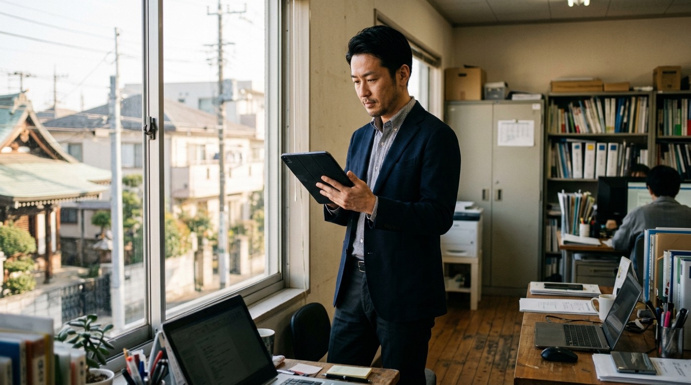小さな事務所の窓際で、タブレットの画面を見ながら少し眉を寄せている男性