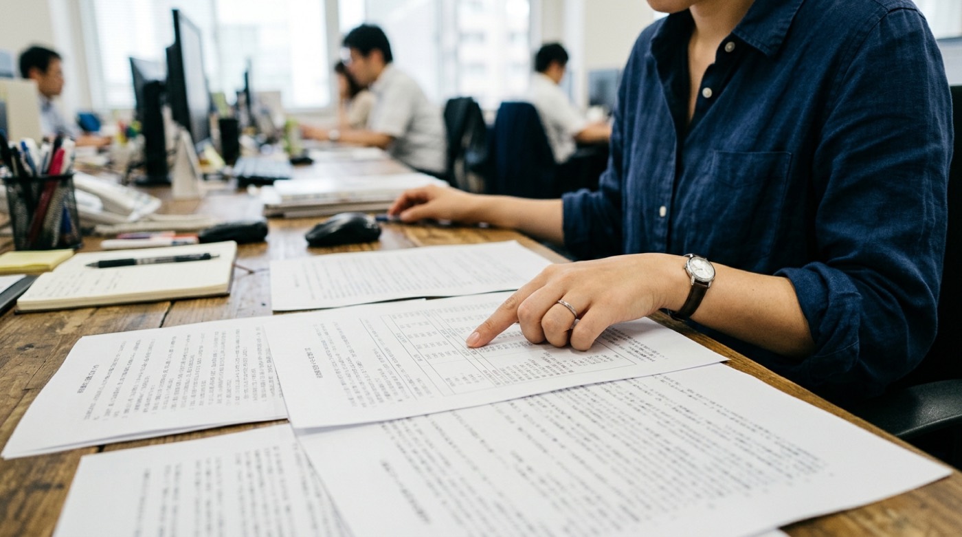 朝の事務所で、印刷したA4の資料を机に広げ、指で行を追いながら確認している手元