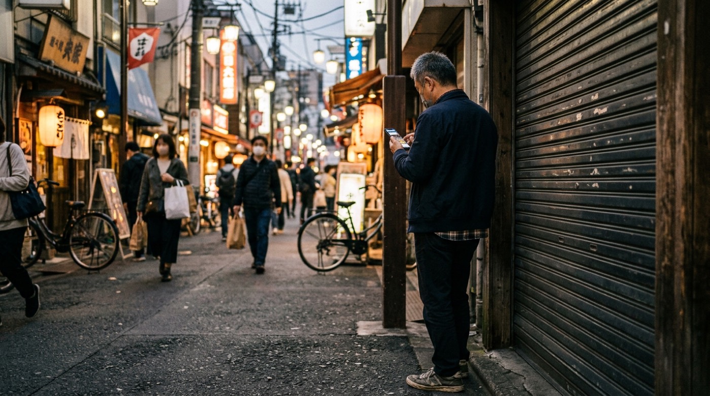 夕方の商店の前で、閉めたシャッターの脇に立ち、スマートフォンの画面を見ている店主