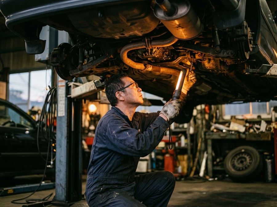 リフトに上げた車の下回りを点検する整備士