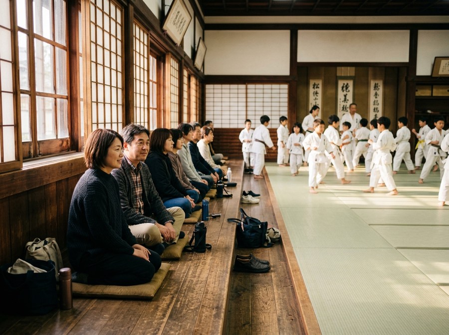 見学席から稽古を見守る保護者